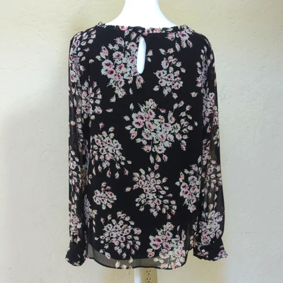 WHBM Black Ruffle Trim Floral Overlay Long Sleeve Keyhole Blouse Size 12 - Picture 4 of 9